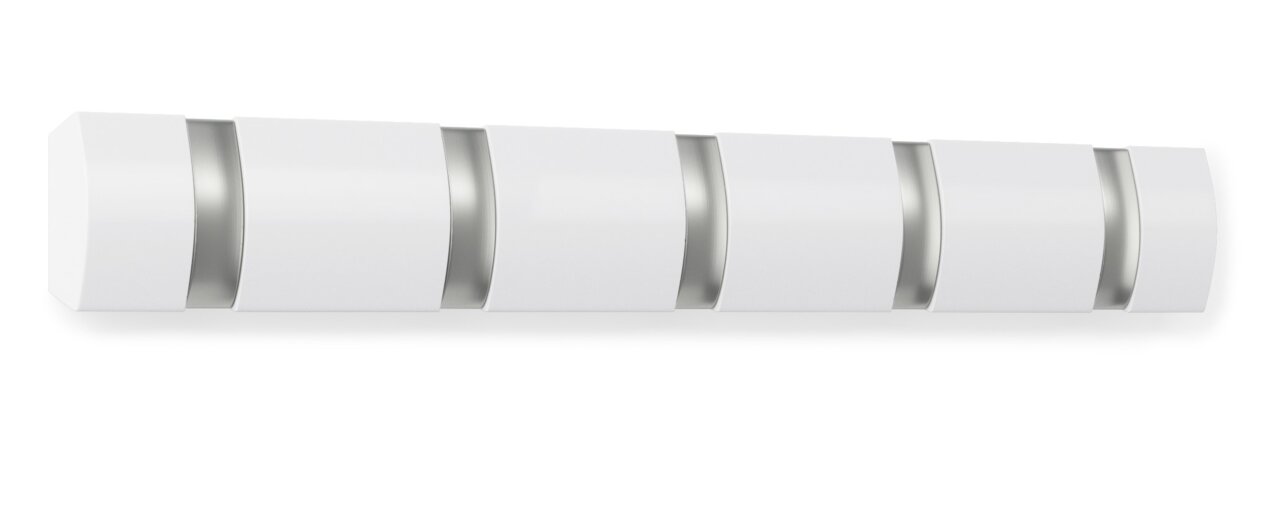 Moderne weiße Wandgarderobe mit fünf Haken, seitliche Perspektive