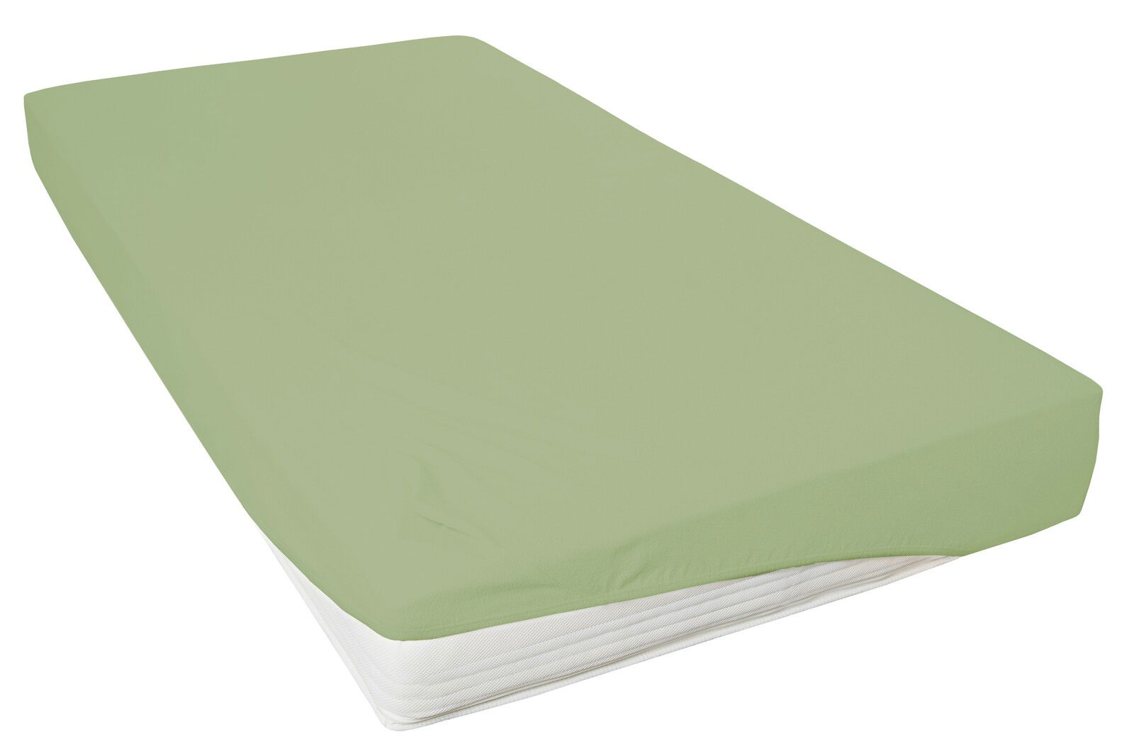 Novel Spannbetttuch TEDDY-FLAUSCH Grünes Spannbetttuch 150x200cm auf einer Matratze, seitliche Perspektive