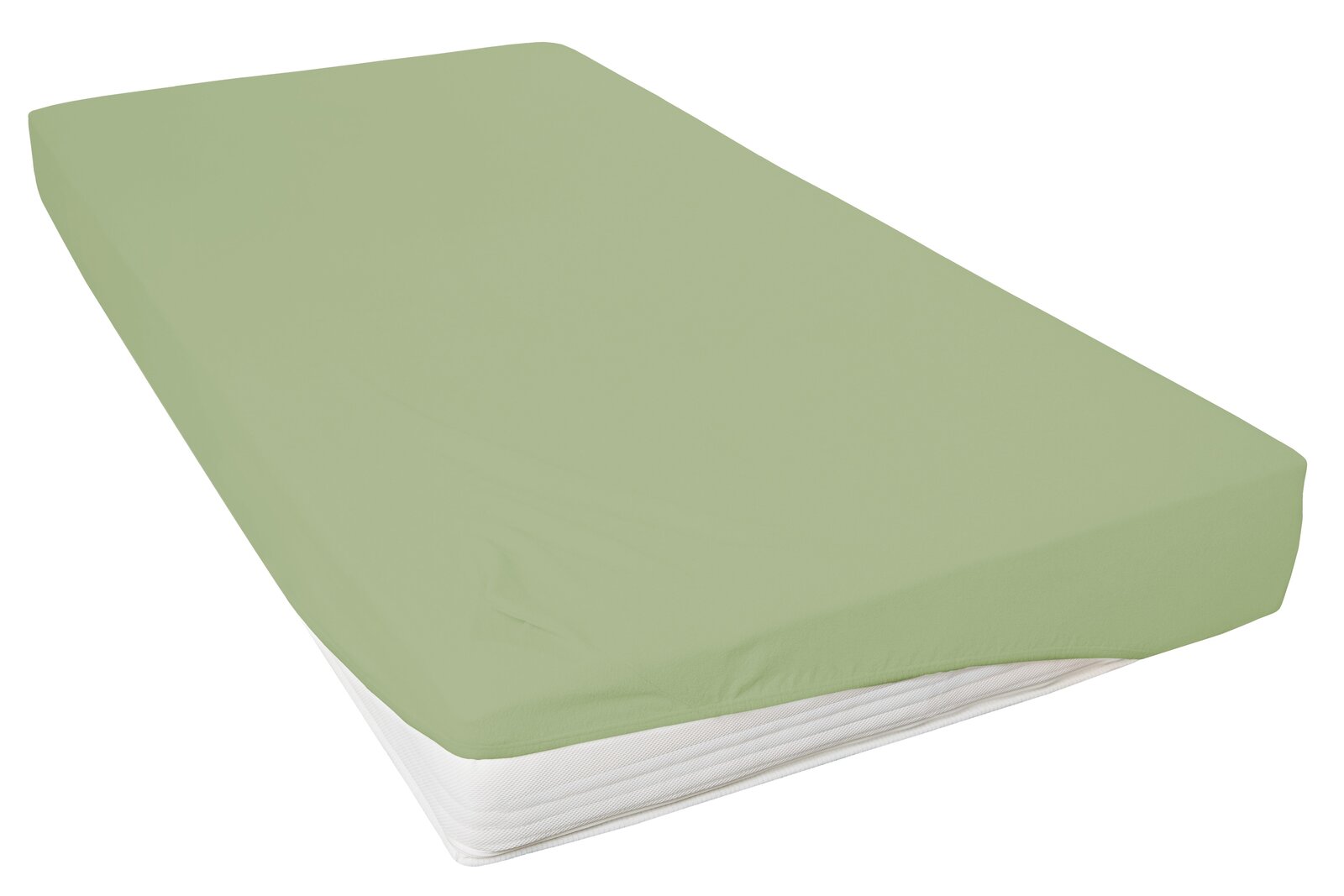 Grünes Spannbetttuch 150x200cm auf einer Matratze, seitliche Perspektive