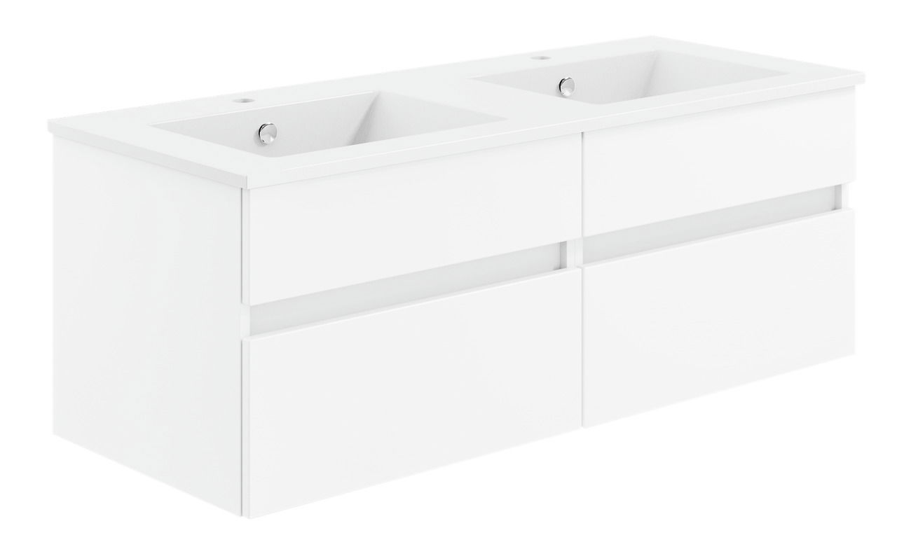 Weiße Doppelwaschtisch-Badkombination aus der Serie NEXT4YOU von Puris, seitliche Perspektive