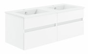 Weiße Doppelwaschtisch-Badkombination aus der Serie NEXT4YOU von Puris, seitliche Perspektive