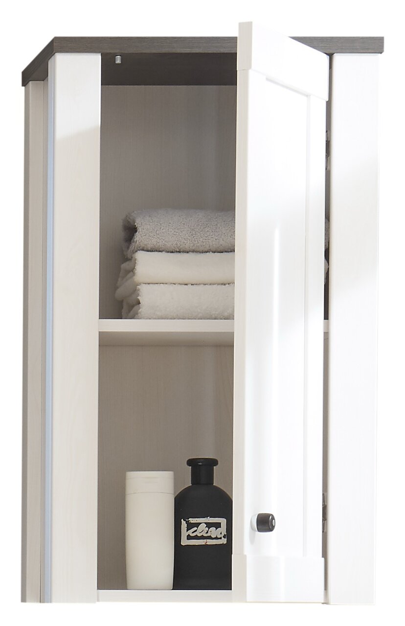 Hängeschrank mit geöffneter Tür, gefüllt mit Handtüchern und Flaschen, seitliche Perspektive