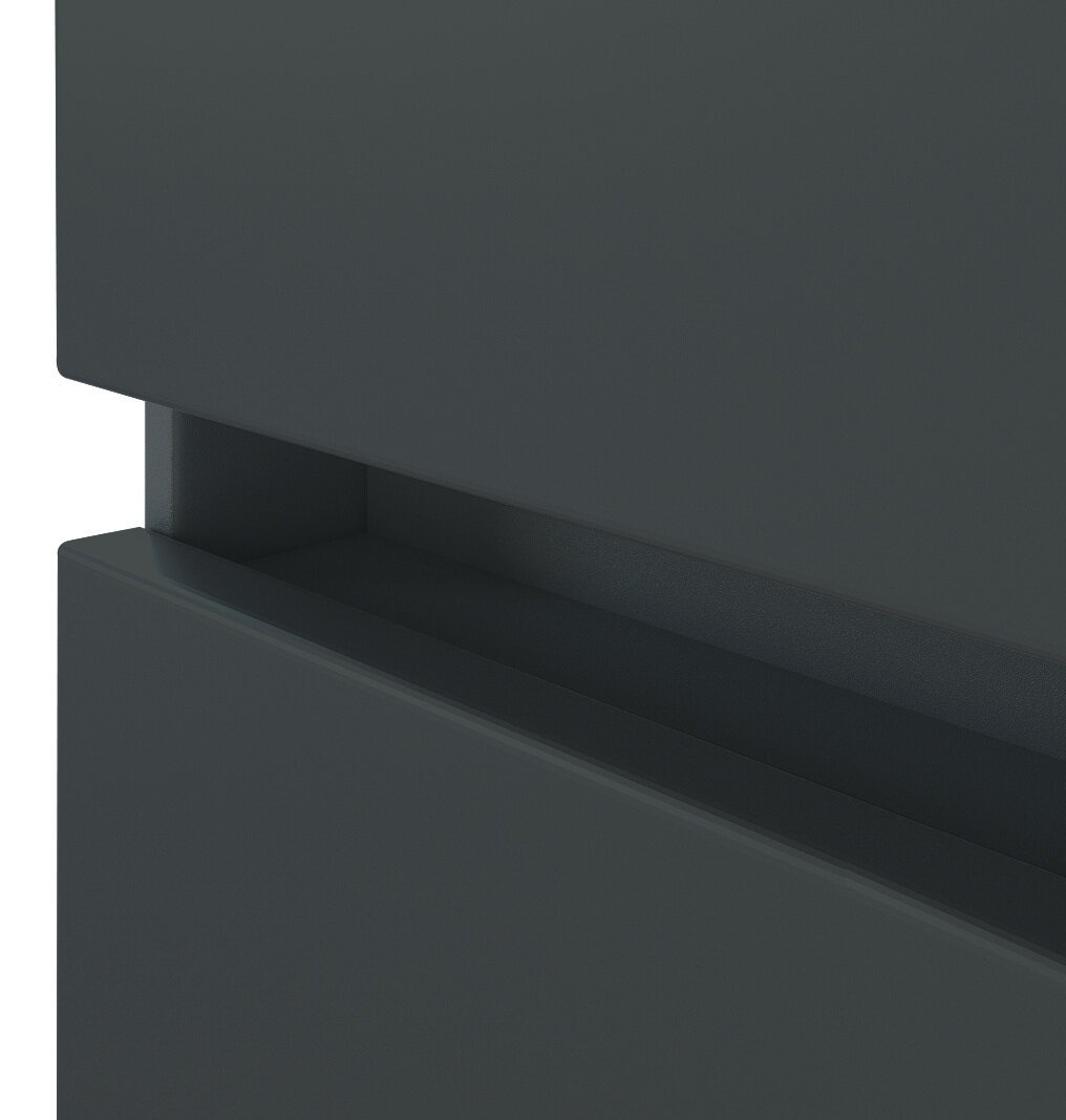 Nahaufnahme eines dunkelgrauen Hochschranks mit modernem Design und glatter Oberfläche, seitliche Perspektive