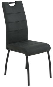 Moderner schwarzer Stuhl mit gepolsterter Rückenlehne und Sitzfläche, seitliche Perspektive