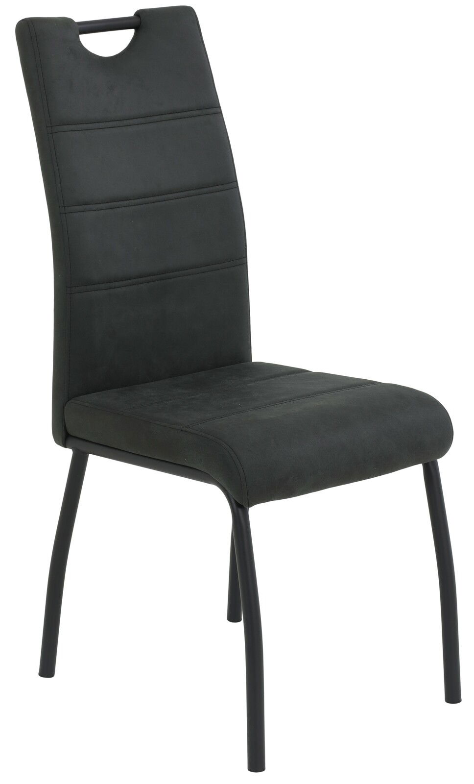 Moderner schwarzer Stuhl mit gepolsterter Rückenlehne und Sitzfläche, seitliche Perspektive