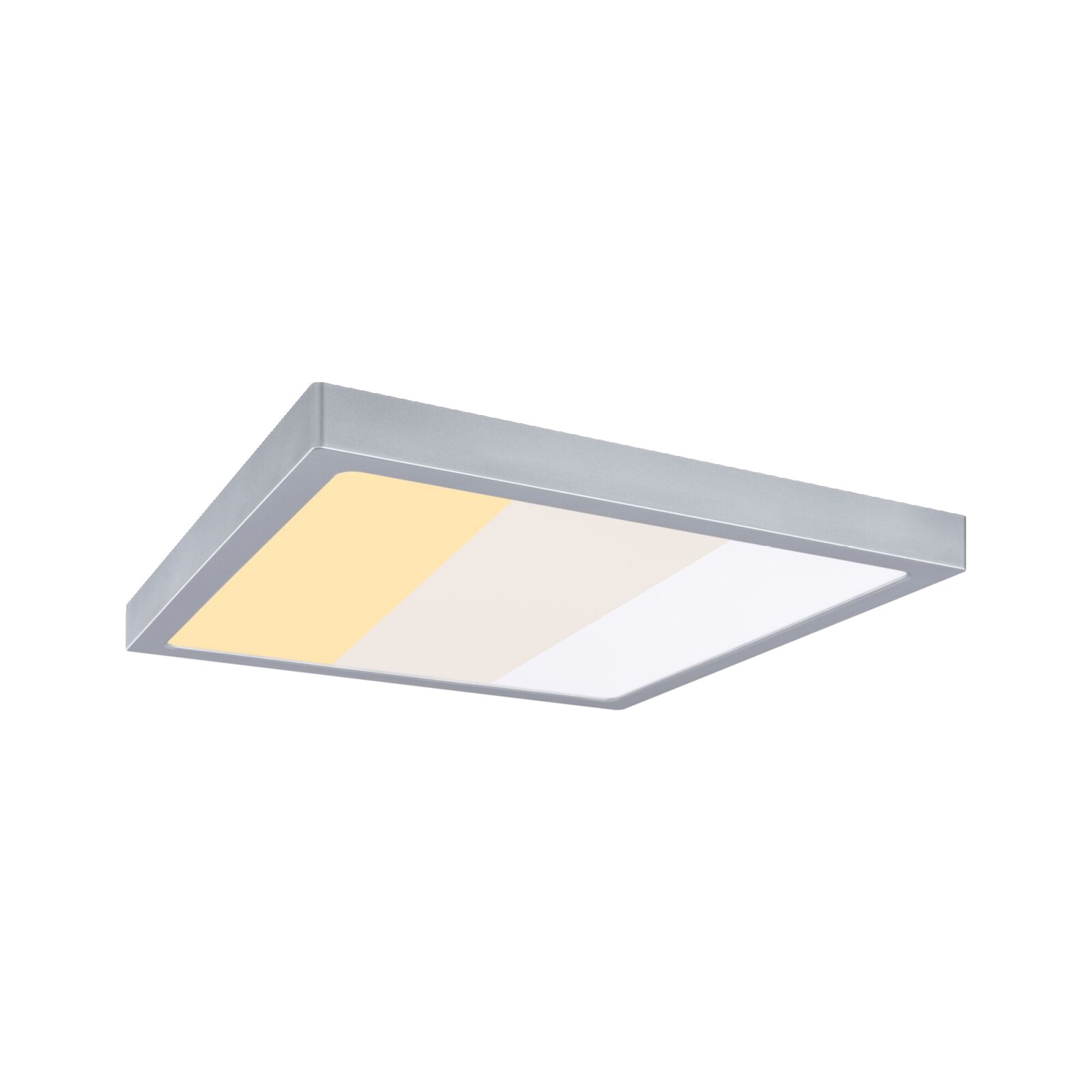 Quadratische LED-Deckenleuchte mit silbernem Rahmen und diffuser Abdeckung, in schräger Ansicht von unten auf weißem Hintergrund