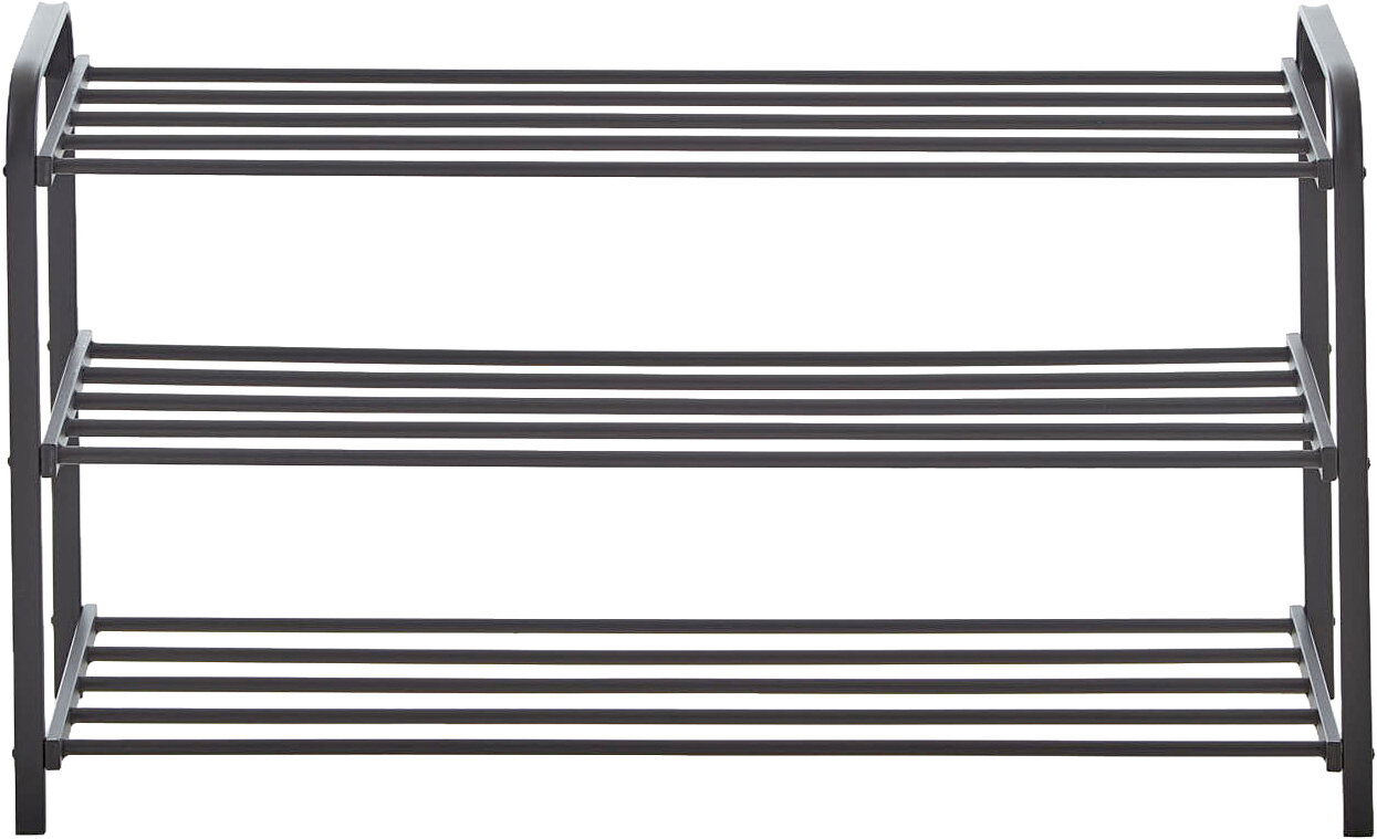 Dreistufiges Schuhregal aus Metall in Schwarz/Silber, Frontansicht auf weißem Hintergrund