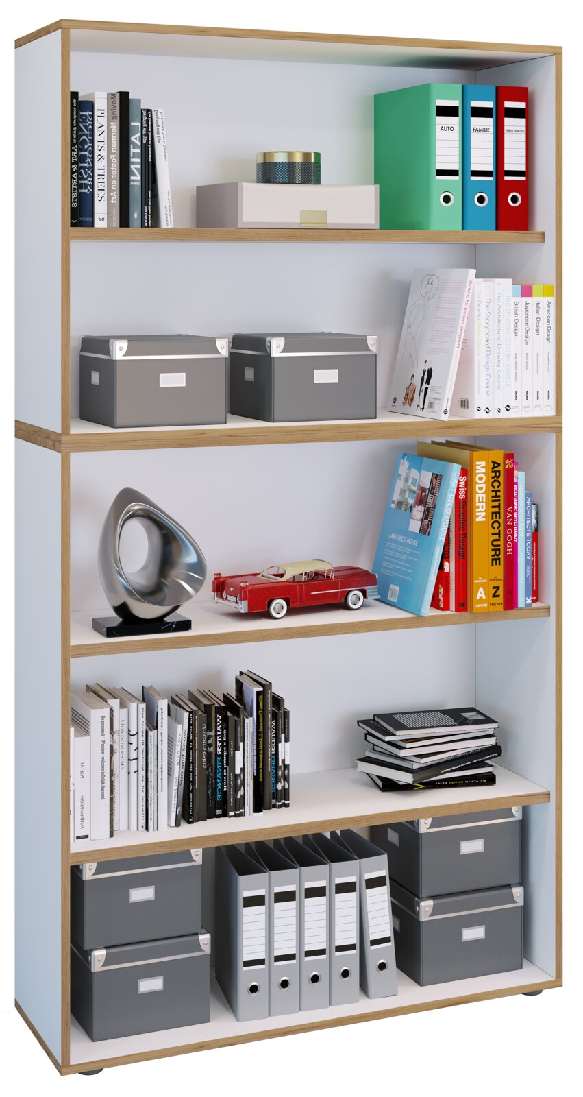 Hohes Bücherregal in Weiß mit Holzrahmen und mehreren Fächern, gefüllt mit Büchern, Ordnern, Aufbewahrungsboxen und Dekoobjekten, in frontaler leicht seitlicher Perspektive