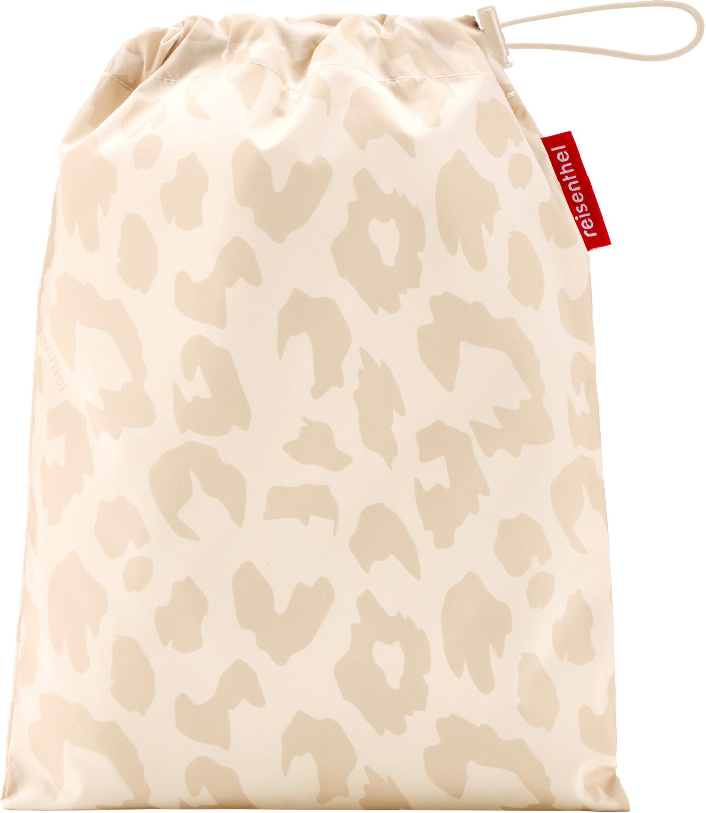 Beiger Reisenthel Zugbeutel mit Leopardenmuster und Kordelzug, Frontansicht vor weißem Hintergrund