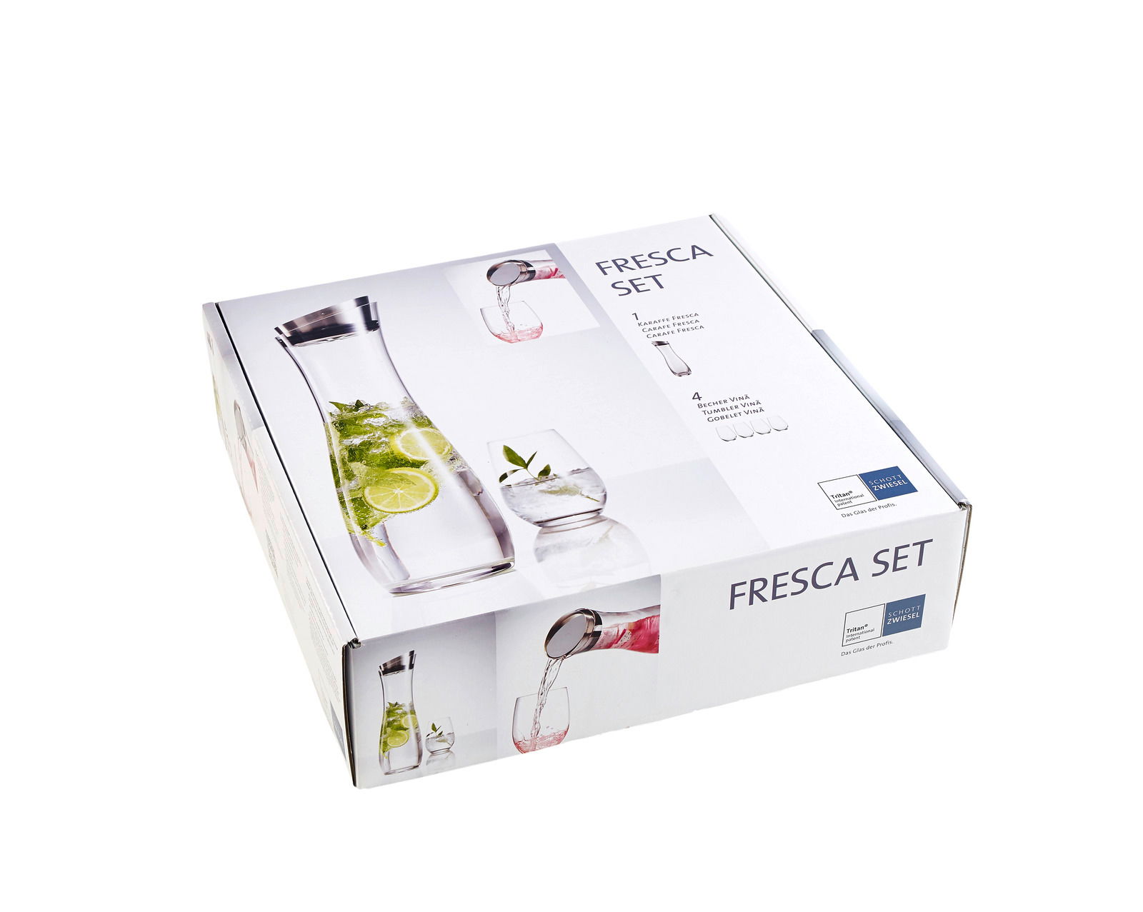 Karaffenset Fresca 7-tlg. in Verpackung, schräg von oben fotografiert, zeigt Karaffe mit Limettenscheiben und Gläser.