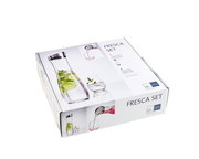 Karaffenset Fresca 7-tlg. in Verpackung, schräg von oben fotografiert, zeigt Karaffe mit Limettenscheiben und Gläser.