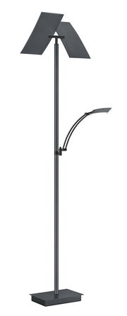 Moderne Stehleuchte ANDY in schwarzem Design mit zwei rechteckigen Lampenschirmen und flexiblem Lesearm, seitliche Perspektive.