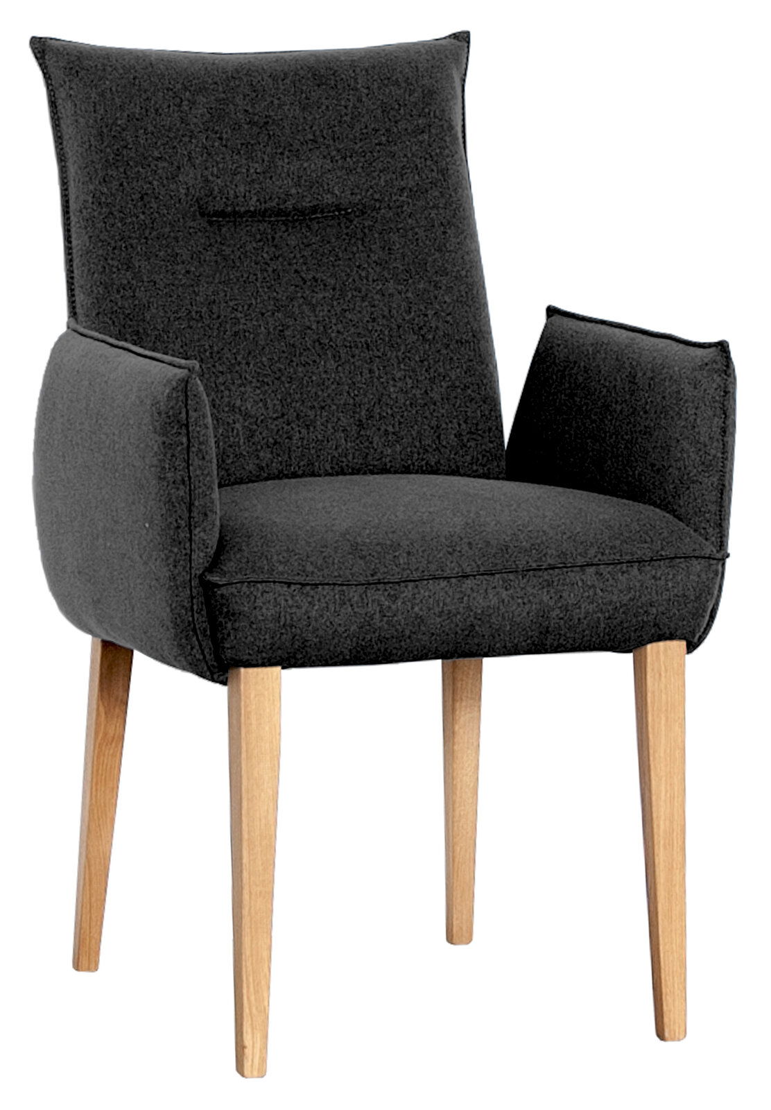 Grauer Armlehnstuhl mit Holzbeinen, Vorderansicht