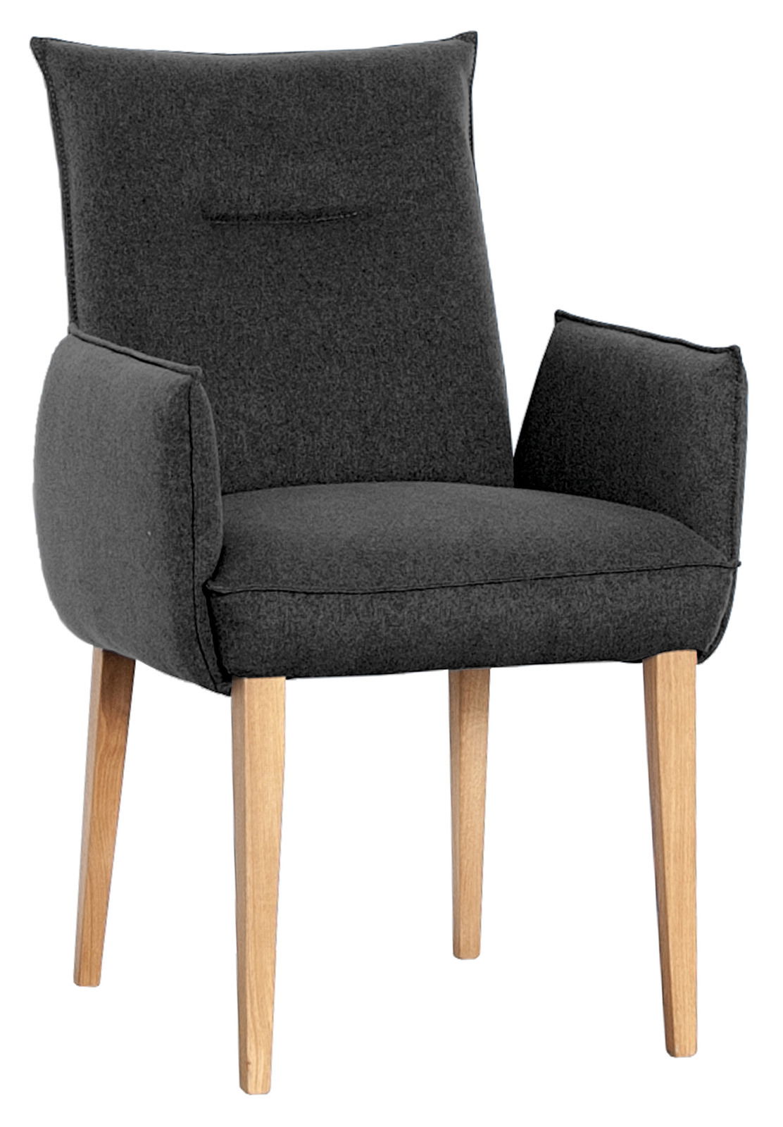 Grauer Armlehnstuhl mit Holzbeinen, Vorderansicht