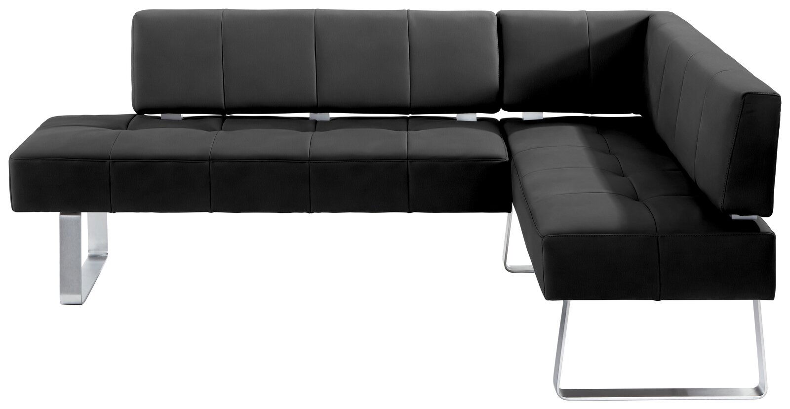 Moderne schwarze Eckbank mit Metallbeinen, seitliche Perspektive