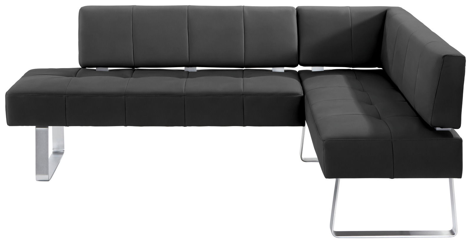 Moderne schwarze Eckbank mit Metallbeinen, seitliche Perspektive