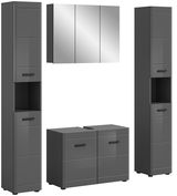 Moderne Badkombination in Anthrazit mit zwei hohen Schränken, einem Spiegelschrank und einem Waschtischunterschrank, frontal abgebildet.
