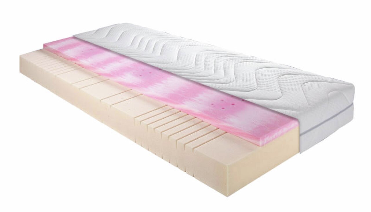 Z2 Sandwichmatratze H2 Medi Gel 500 Querschnitt einer Sandwichmatratze H2 90x200 mit verschiedenen Schichten, seitliche Perspektive