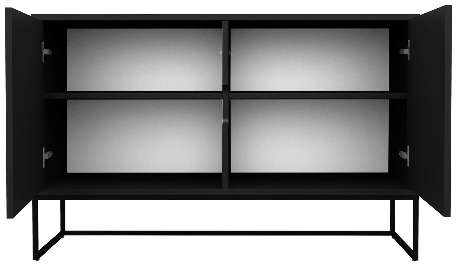 Schwarzes Sideboard mit offenen Türen, zwei Regalböden und Metallgestell, frontale Ansicht.