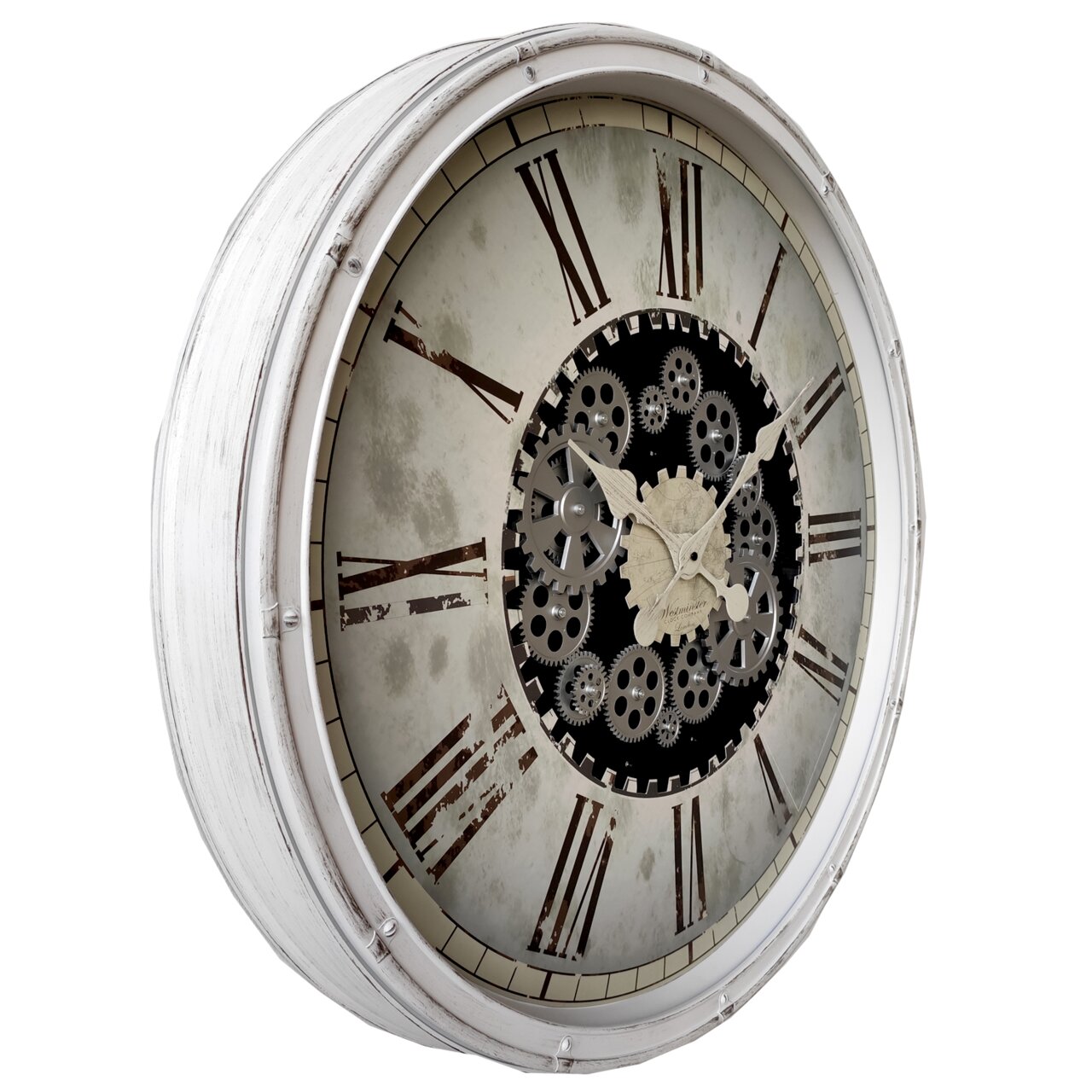 Wanduhr mit römischen Ziffern und sichtbarem Zahnradmechanismus, seitliche Perspektive