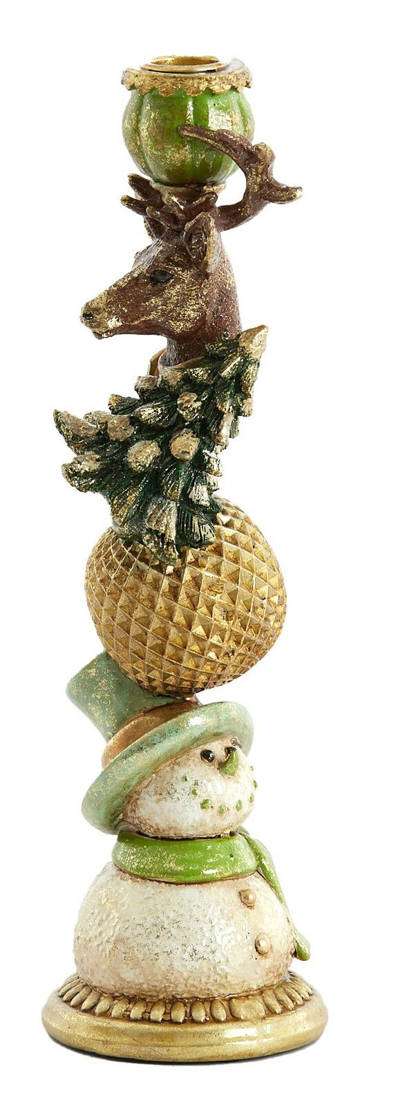 Kerzenständer mit weihnachtlichem Design, bestehend aus einem Schneemann, einer goldenen Kugel und einem Hirschkopf, seitliche Perspektive.