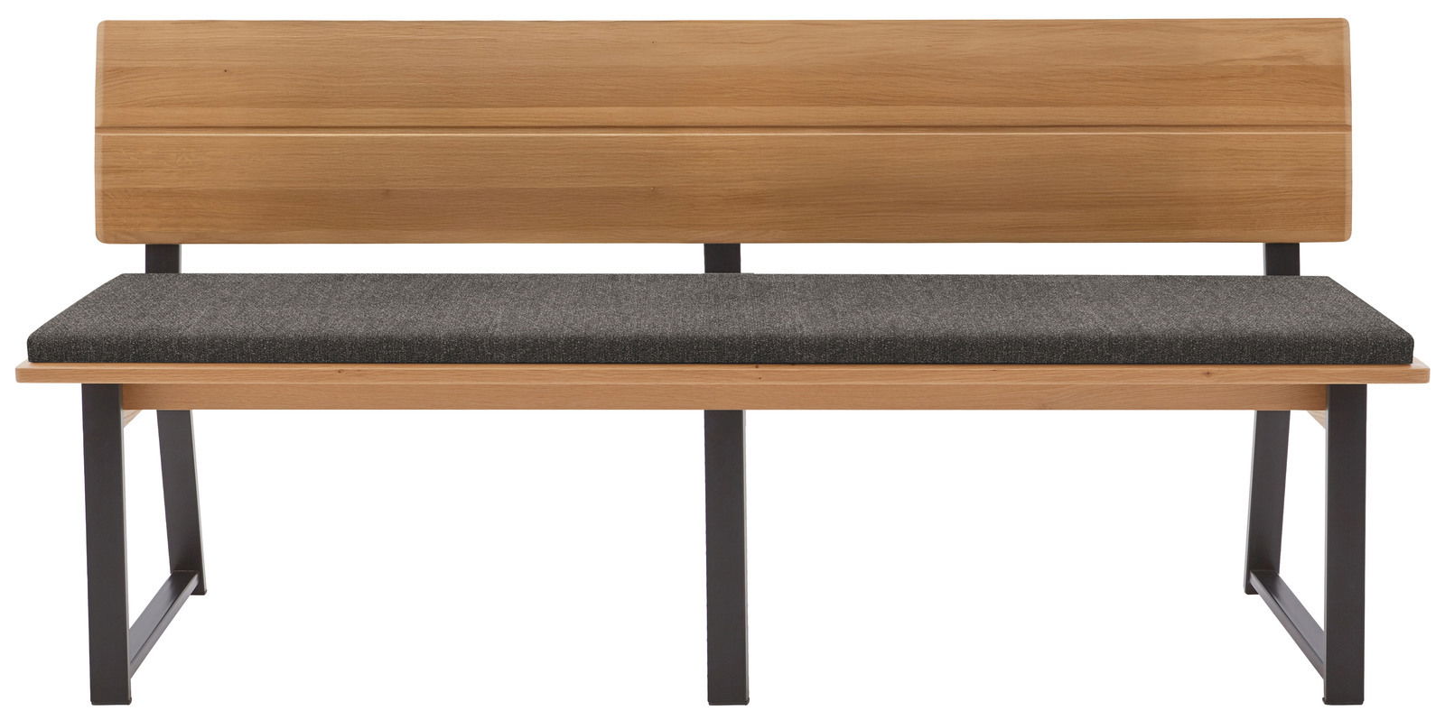 Moderne Holzbank mit schwarzem Metallgestell und grauem Polstersitz, Frontalansicht
