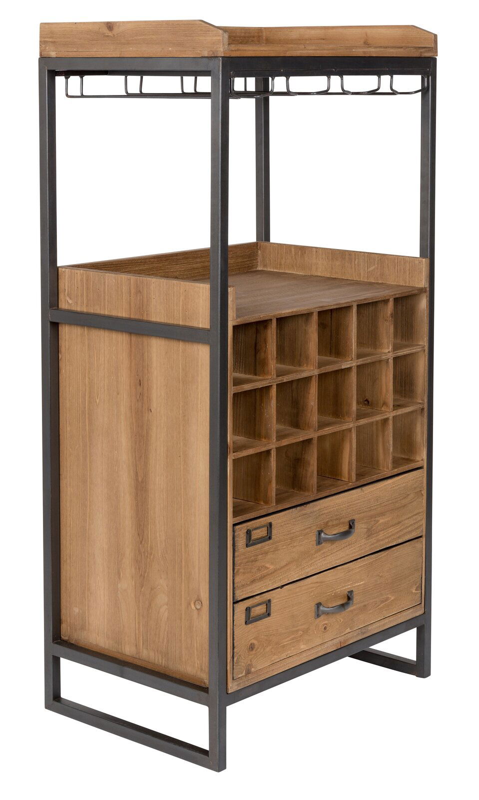 Weinregal aus Holz und Metall mit seitlicher Perspektive, zeigt Fächer für Flaschen und zwei Schubladen.