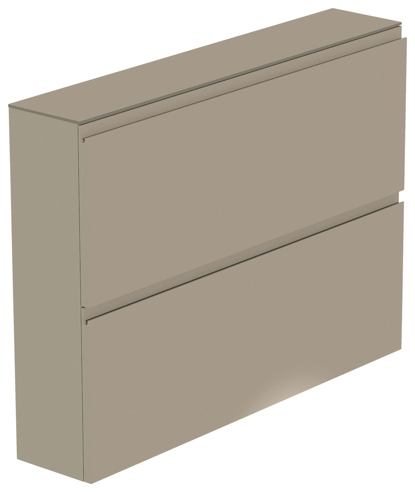 Hängeschuhschrank 2K-T22 in seitlicher Perspektive, zweifach unterteilt, in neutralem Farbton.