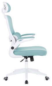 Moderner Drehstuhl in Seitenansicht mit ergonomischer Rückenlehne und Kopfstütze, gepolstert in mintgrünem Stoff, auf weißem Gestell mit Rollen.