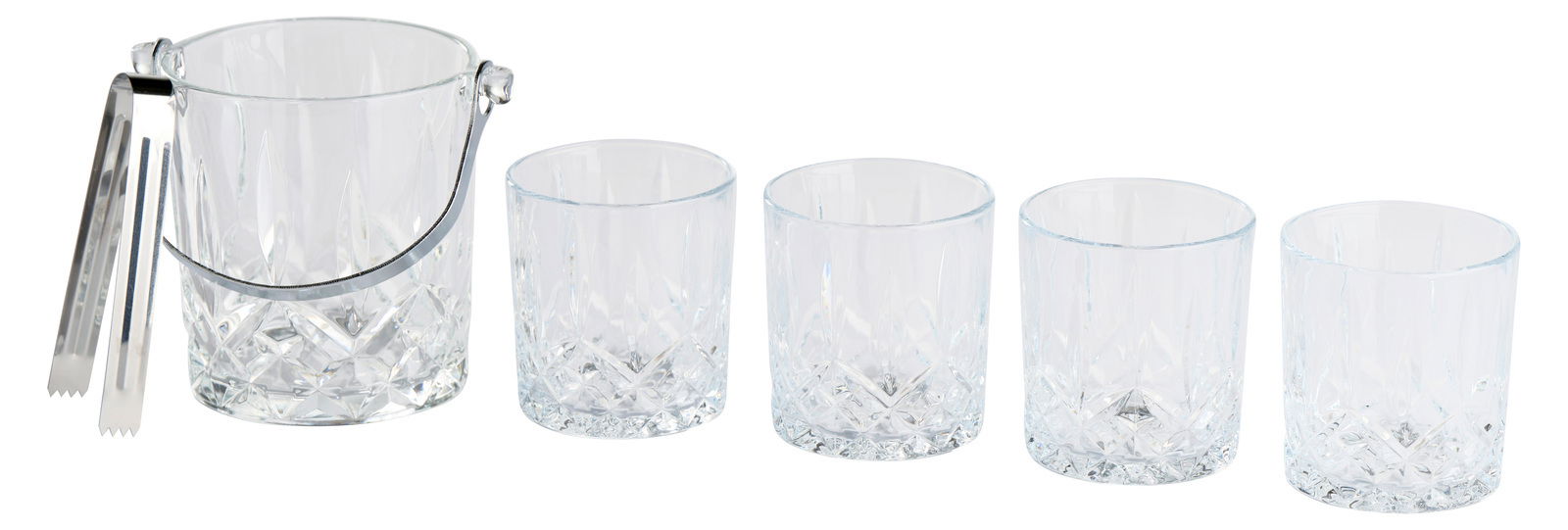 Eiskübel mit vier Gläsern und Zange, seitliche Perspektive