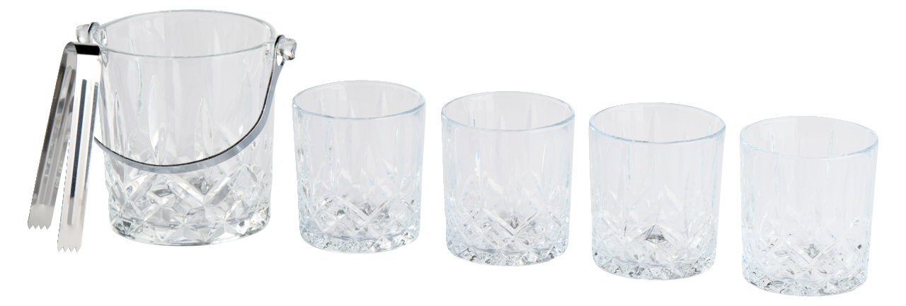 Eiskübel mit vier Gläsern und Zange, seitliche Perspektive