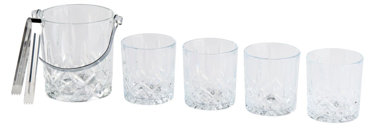 Eiskübel mit vier Gläsern und Zange, seitliche Perspektive