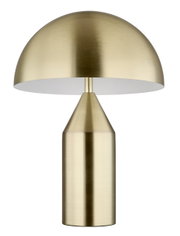 Goldene Tischleuchte ATOMA mit halbrundem Schirm und konischem Sockel, frontal abgebildet.