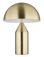 Goldene Tischleuchte ATOMA mit halbrundem Schirm und konischem Sockel, frontal abgebildet.