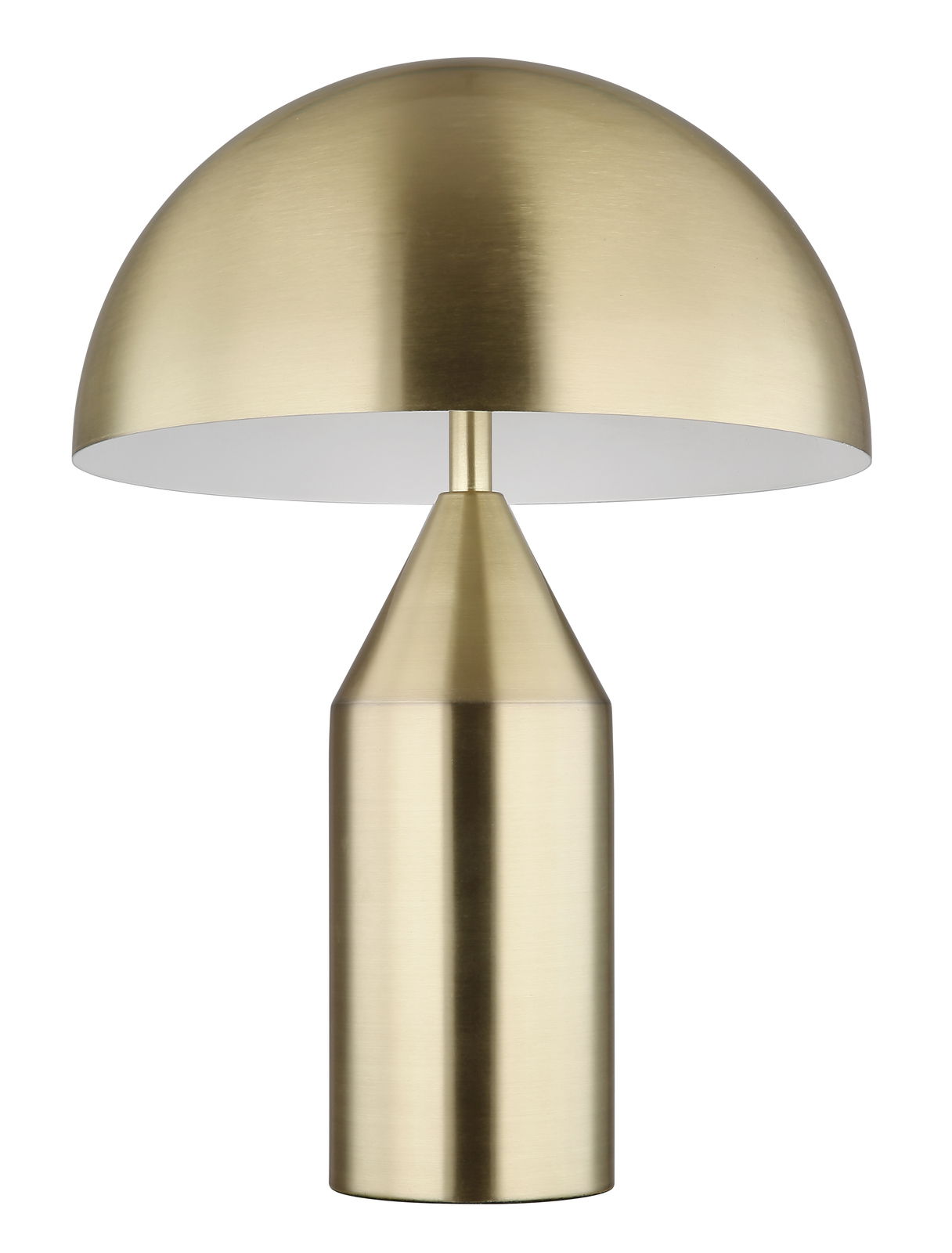 Goldene Tischleuchte ATOMA mit halbrundem Schirm und konischem Sockel, frontal abgebildet.