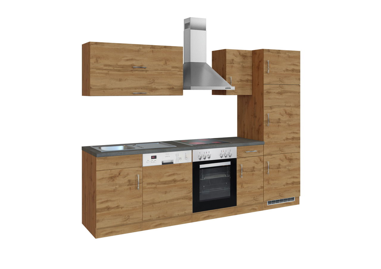 Held Möbel Küchenzeile SORRENTO Moderne Küchenzeile in Holzoptik mit Herd, Spüle und Dunstabzugshaube, frontale Ansicht