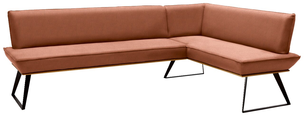 Eckbank in braunem Stoffbezug, 243x163 cm, mit schwarzem Metallgestell, Perspektive von vorne links