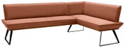 Eckbank in braunem Stoffbezug, 243x163 cm, mit schwarzem Metallgestell, Perspektive von vorne links