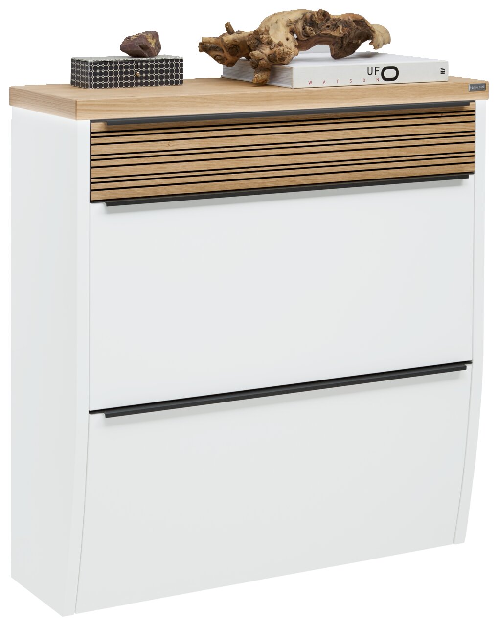 Moderner Hängeschuhschrank in Weiß mit Holzdetails, seitliche Perspektive
