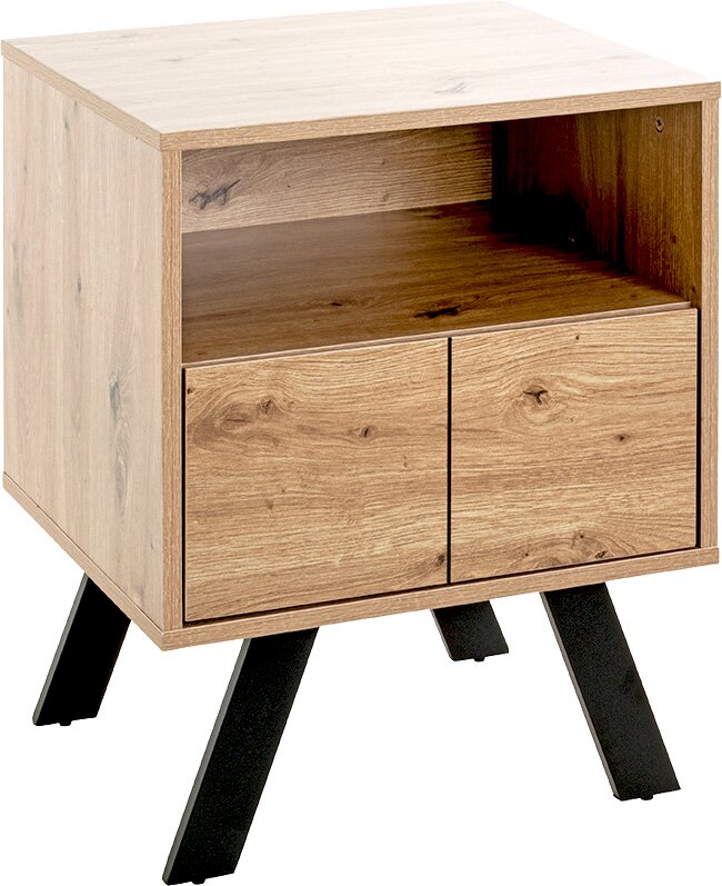 Holz-Nachttisch mit offenem Fach und zwei Schubladen auf schwarzen, schräg gestellten Beinen, schräg von vorne links fotografiert.