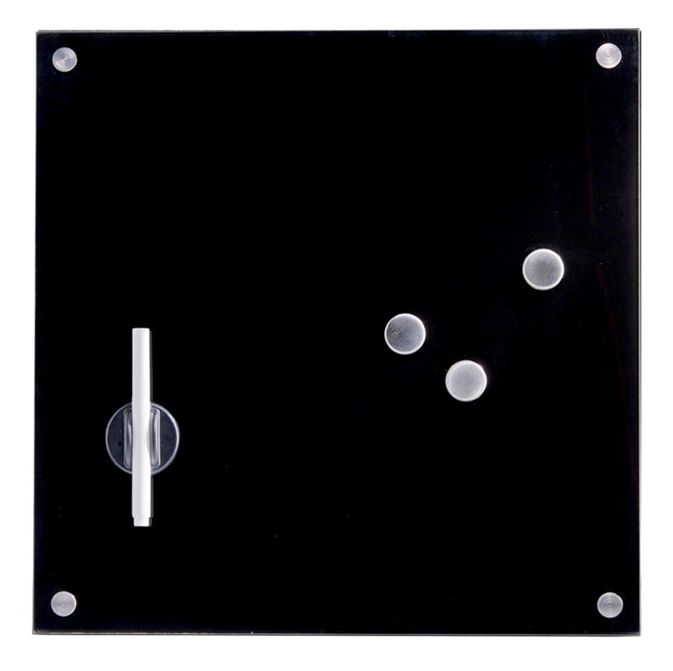 Zeller Present Memoboard Schwarzes Glas-Memoboard mit silbernen Magneten und einem weißen Stift, aus der Vogelperspektive betrachtet.