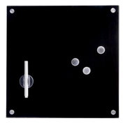 Schwarzes Glas-Memoboard mit silbernen Magneten und einem weißen Stift, aus der Vogelperspektive betrachtet.