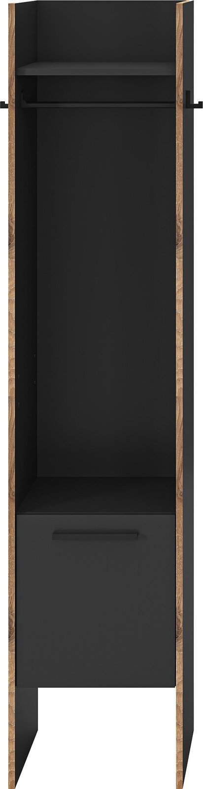 Offener Garderobenschrank in Schwarz mit Holzseiten, Kleiderstange, oberem Ablagefach und unterem Schubfach, Frontansicht