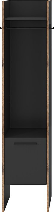 Offener Garderobenschrank in Schwarz mit Holzseiten, Kleiderstange, oberem Ablagefach und unterem Schubfach, Frontansicht