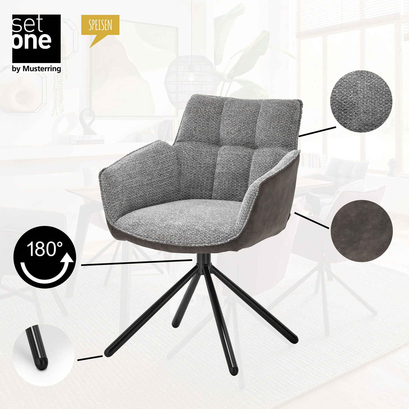 Grauer Armlehnstuhl mit gepolsterter Sitzfläche und Rückenlehne, schwarzem Metallgestell und 180-Grad-Drehfunktion, seitliche Perspektive