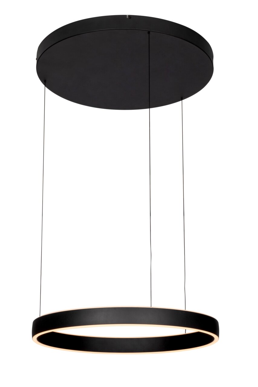 Moderne LED-Hängeleuchte in schwarzem Design, seitliche Perspektive