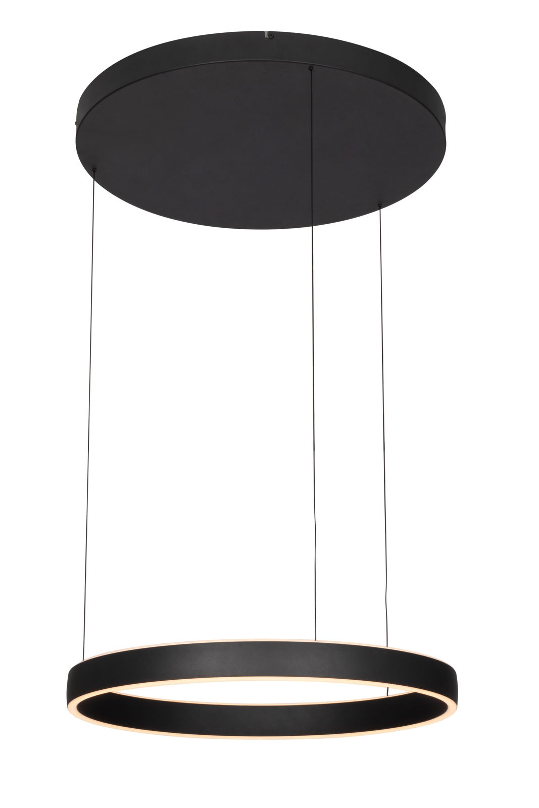 Moderne LED-Hängeleuchte in schwarzem Design, seitliche Perspektive