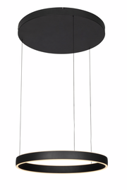 Moderne LED-Hängeleuchte in schwarzem Design, seitliche Perspektive