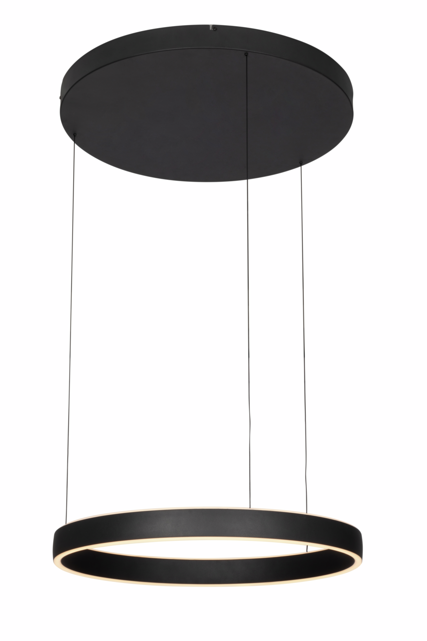 Moderne LED-Hängeleuchte in schwarzem Design, seitliche Perspektive
