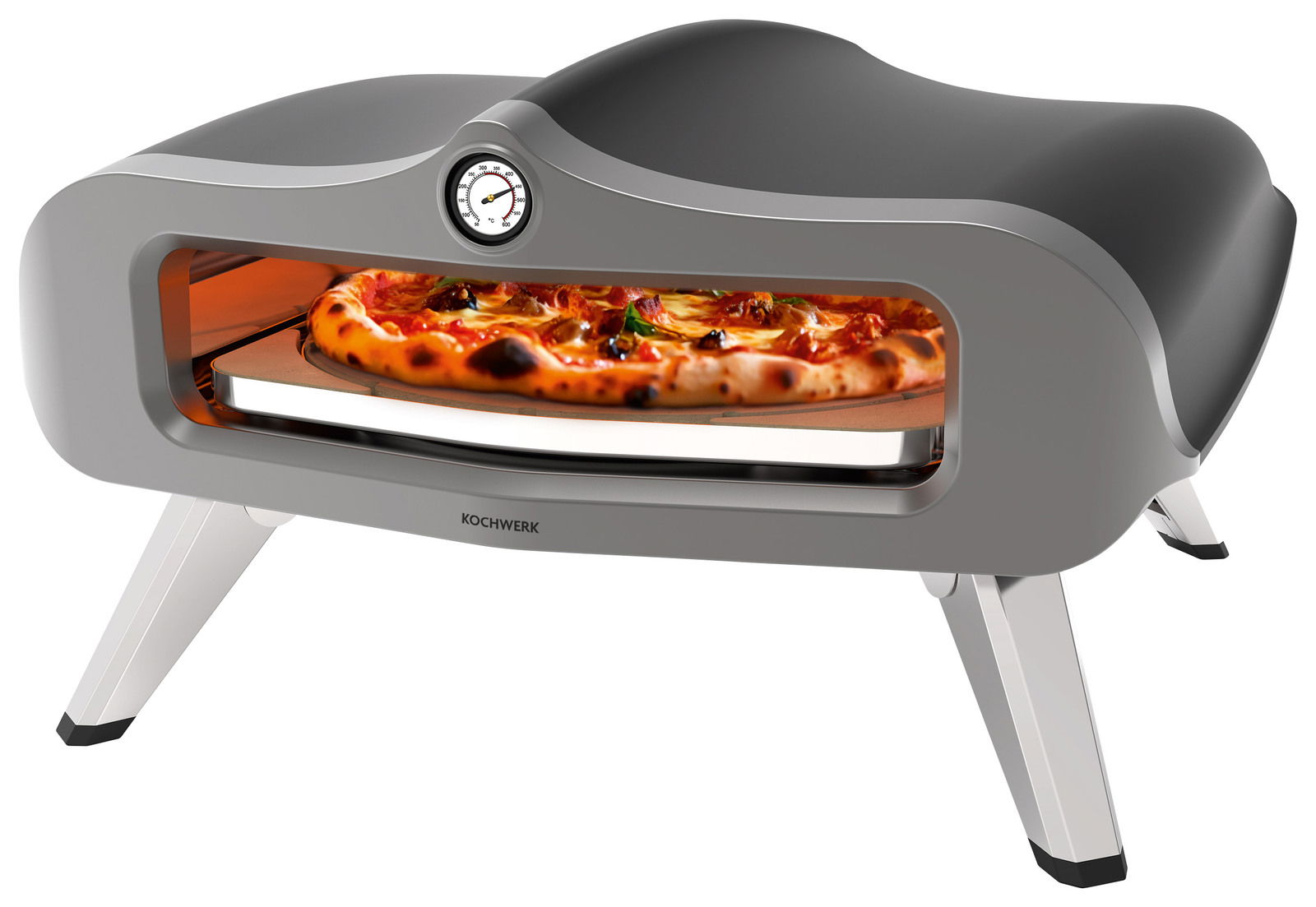 Moderner Gas-Pizzaofen mit Thermometer und einer frisch gebackenen Pizza, seitliche Perspektive